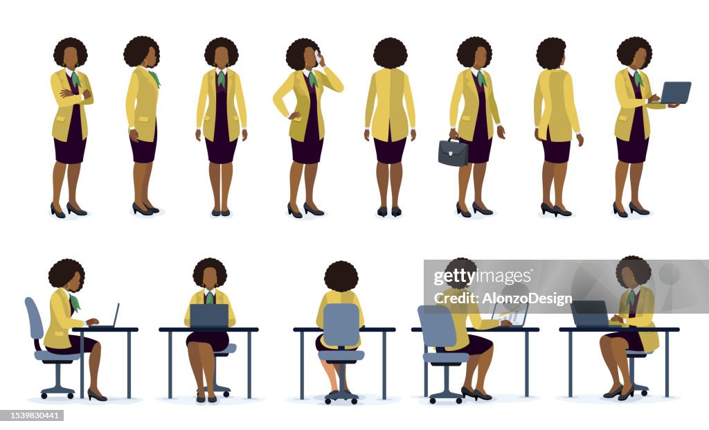 Ensemble de poses de personnage de femme d’affaires afro-américaine. Vue de face et arrière de la femme employée de bureau. Ensemble de conception de personnages de femme d’affaires. Différentes poses de conception.