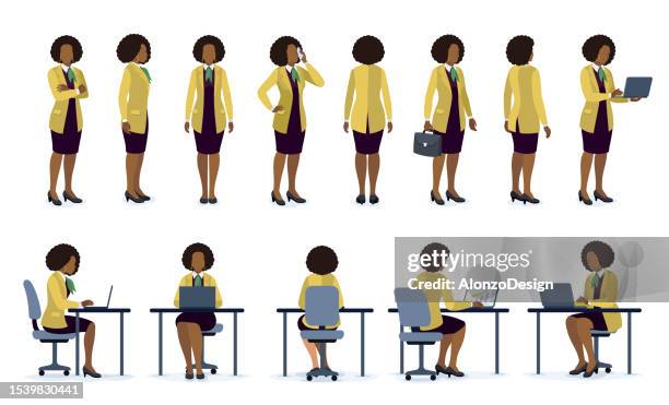 ilustrações de stock, clip art, desenhos animados e ícones de african american businesswoman character poses set. front side and back view of office worker woman. set of businesswoman character design. different poses design. - business woman desk stand