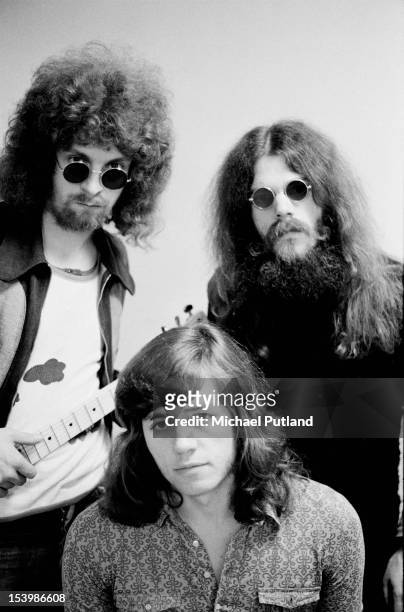 British rock band The Move appear on Top of the Pops, London, 13th October 1971. From left to right, they are Jeff Lynne, Bev Bevan and Roy Wood.