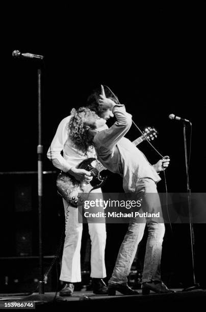 English rock band The Who in concert at the Rainbow Theatre, London, November 1971. From left to right, guitarist Pete Townshend and singer Roger...