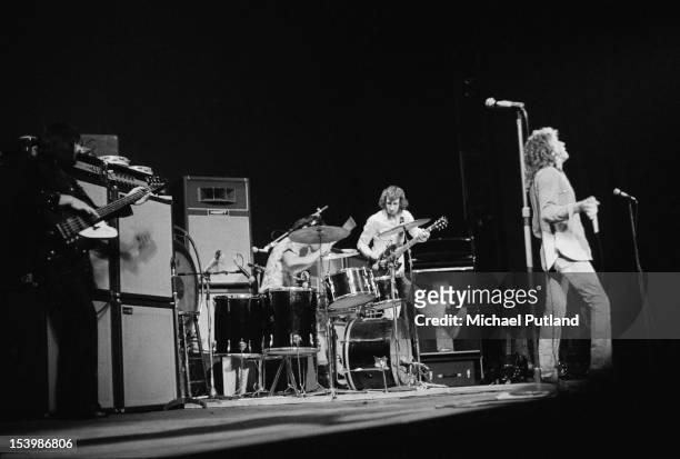 English rock band The Who in concert at the Rainbow Theatre, London, November 1971. From left to right, bassist John Entwistle, drummer Keith Moon,...