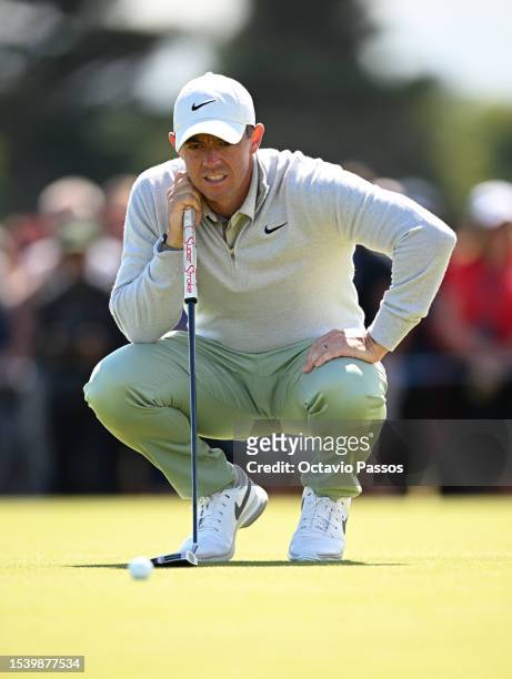 Rory McIlroy of Northern Ireland lines up a putt on the 5th green during Day One of the Genesis Scottish Open at The Renaissance Club on July 13,...