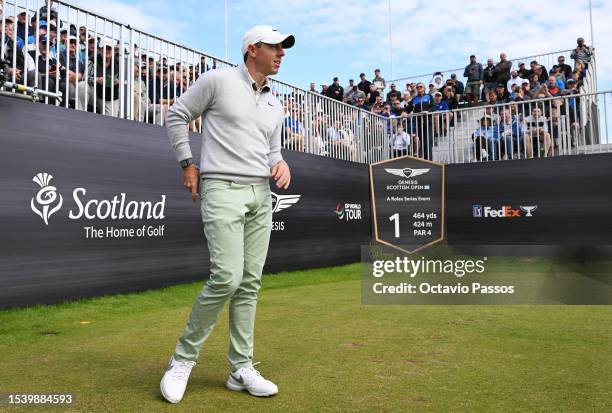 Rory McIlroy of Northern Ireland looks on from the 1st tee during Day One of the Genesis Scottish Open at The Renaissance Club on July 13, 2023 in...