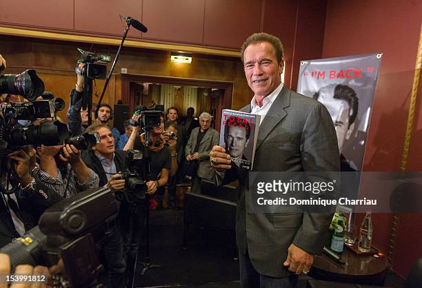 Arnold Schwarzenegger attends a Press conference to present his book 'Total Recall' at Hotel Lutetia on October 12, 2012 in Paris, France.
