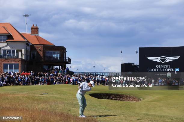 Rory McIlroy of Northern Ireland plays a shot on the 5th hole during Day One of the Genesis Scottish Open at The Renaissance Club on July 13, 2023 in...