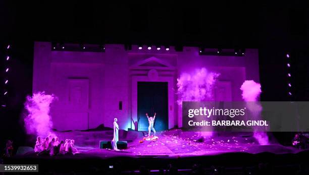 Actors representing Die guten Werke , Anja Plaschg as Der Glaube and Sarah Viktoria Frick as Teufel perform on July 17, 2023 in Salzburg, Austria,...