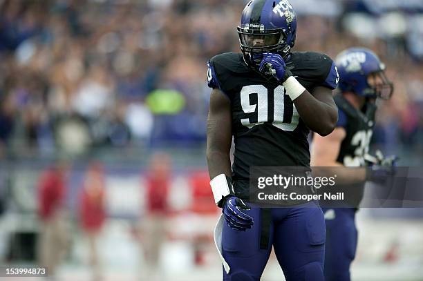 Stansly Maponga of the TCU Horned Frogs looks toward the sideline during the Big 12 Conference game against the Iowa State Cyclones on October 6,...