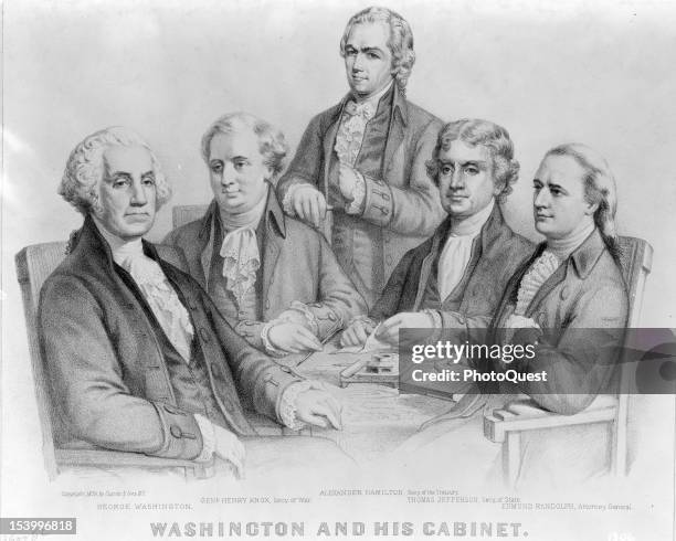 Engraving entitled 'Washington And His Cabinet' features an illustration of, from left, American President George Washington , Secretary of War...