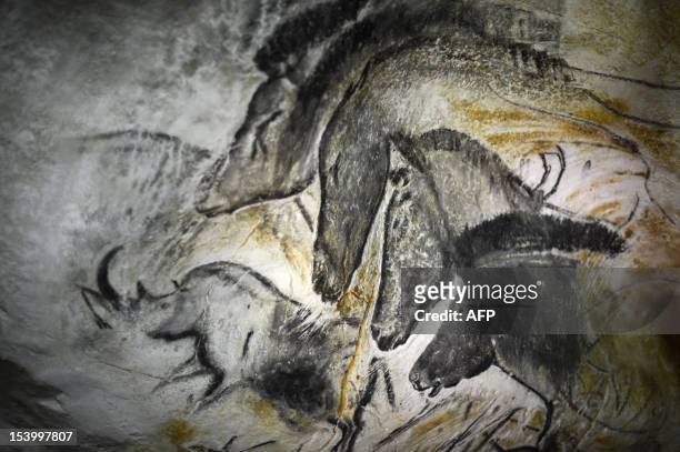 Picture taken on October 12, 2012 in Vallon-Pont-d'Arc of a prototype of painting of the facsimile of the Chauvet cave, which contains some of the...