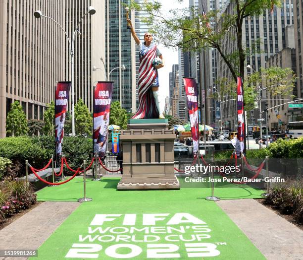 General view of a statue of U.S. Soccer player Alex Morgan outside the FOX Studios in Midtown, Manhattan on July 17, 2023 in New York City.