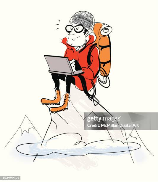 man on mountaintop using laptop - using laptop outside stock illustrations