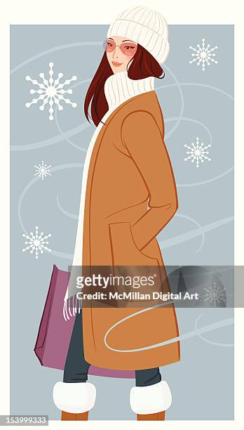 woman wearing winter coat, scarf and hat - schal stock-grafiken, -clipart, -cartoons und -symbole