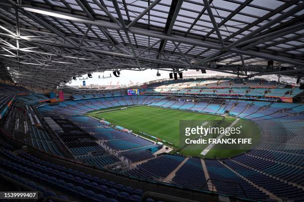 General view shows the pitch and seating area of Stadium Australia, also known as Olympic Stadium, in Sydney on July 18 ahead of the Women's World...