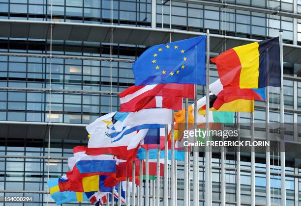 The European Union flag fly amongst European Union member countries' national flags in front of the European Parliament on October 12, 2012 in...