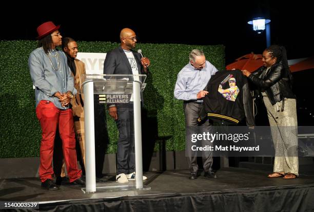 Edwin Jackson, Curtis Granderson, CC Sabathia, and Rob Manfred speak onstage during The Players Alliance Game Changers Celebration at AQUA by El...