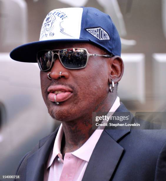 Castmember former NBA basketball player Dennis Rodman attends the "Celebrity Apprentice All Stars" Season 13 Bus Tour at on October 12, 2012 in New...