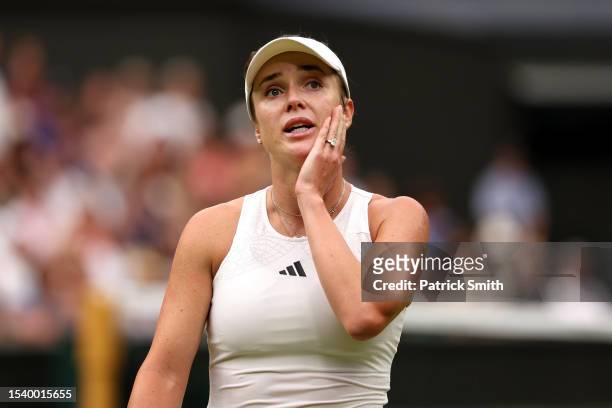Elina Svitolina of Ukraine reacts against Marketa Vondrousova of Czech Republic in the Women's Singles Semi Final match on day eleven of The...