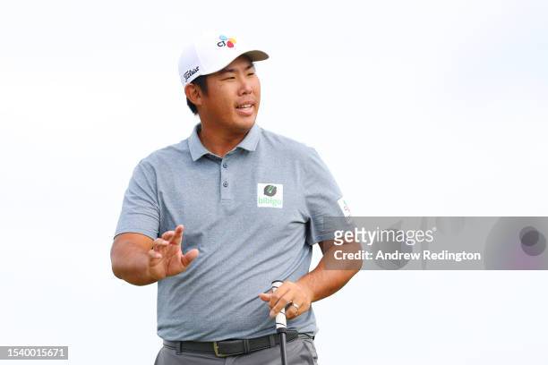 Byeong Hun An of South Korea celebrates a birdie putt on the 9th green during Day One of the Genesis Scottish Open at The Renaissance Club on July...
