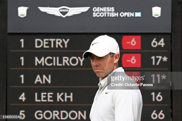 Rory McIlroy of Northern Ireland looks on from the 9th green during Day One of the Genesis Scottish Open at The Renaissance Club on July 13, 2023 in...