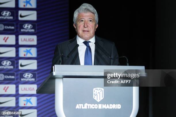 Enrique Cerezo, President of Atletico de Madrid, attends the media during the presentation of Santiago Mourino as a new Atletico de Madrid player at...