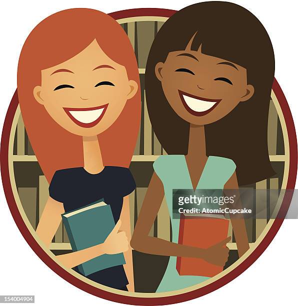 book club: two smiling girls, retro cartoon style - book club stock illustrations