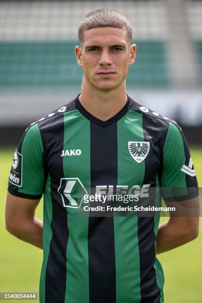 Luca Bazzoli of SC Preußen Münster poses during the team presentation at on July 13, 2023 in Muenster, Germany.