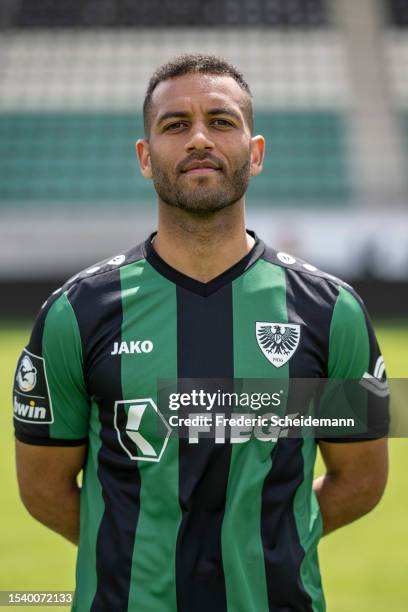 Andrew Wooten of SC Preußen Münster poses during the team presentation at on July 13, 2023 in Muenster, Germany.