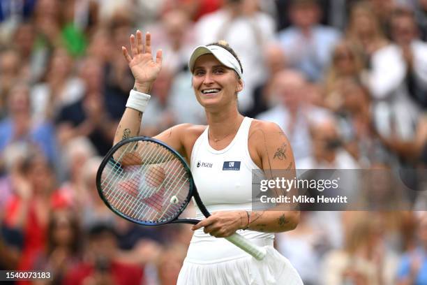 Marketa Vondrousova of Czech Republic celebrates victory against Elina Svitolina of Ukraine during the Women's Singles semi-finals match on day...