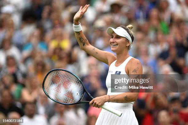 Marketa Vondrousova of Czech Republic celebrates victory against Elina Svitolina of Ukraine during the Women's Singles semi-finals match on day...