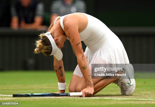 Marketa Vondrousova of Czech Republic celebrates winning match point against Elina Svitolina of Ukraine during the Women's Singles semi-finals match...