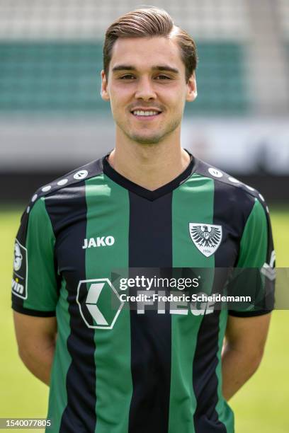 Thomas Kok of SC Preußen Münster poses during the team presentation at on July 13, 2023 in Muenster, Germany.