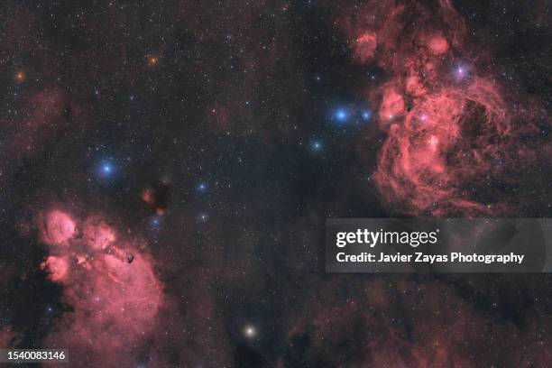 ngc 6334 - cat's paw nebula and ncg 6357 - war and peace nebula in scorpius - skorpion stock-fotos und bilder