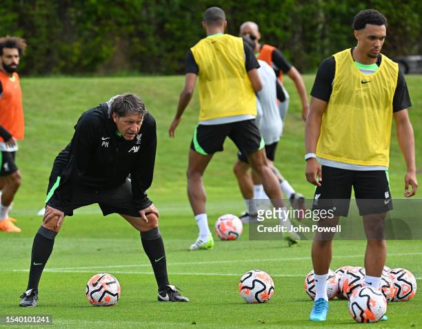 Peter Krawietz and Trent Alexander-Arnold of Liverpool during a training session at AXA Training Centre on July 13, 2023 in Kirkby, England.