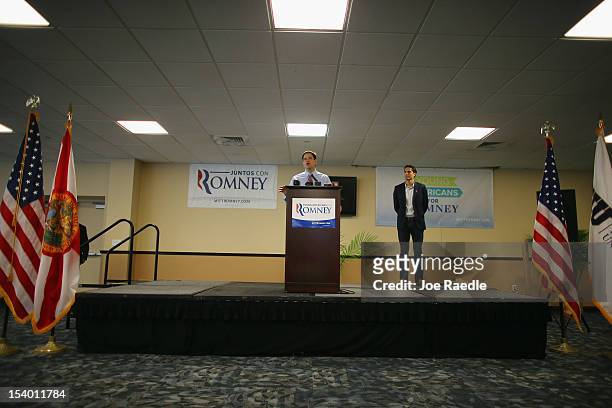 Sen. Marco Rubio speaks as Craig Romney the son of Republican presidential candidate, former Massachusetts Gov. Mitt Romney stands next to him during...