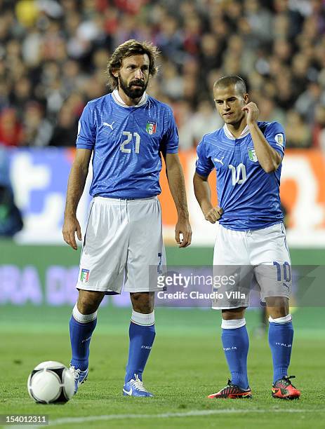 Andrea Pirlo and Sebastian Giovinco of Italy look on during the FIFA 2014 World Cup Qualifier group B match between Armenia and Italy at Hrazdan...