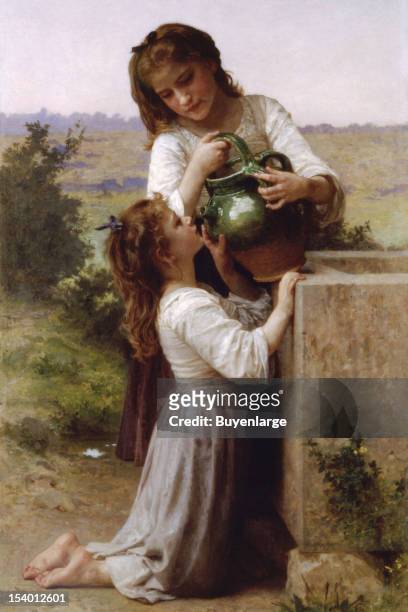 Painting of At a Well, a big sister pours fresh water from a pitcher into the open mouth of her kneeling younger sister, 1855.
