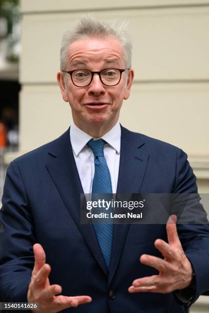 Secretary of State for Levelling Up, Housing and Communities Michael Gove is seen outside Dorland House during a break in his appearance at the...