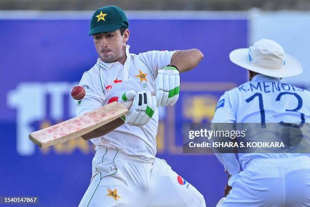 Pakistan's Naseem Shah plays a shot during the third day of the first cricket Test match between Sri Lanka and Pakistan at the Galle International...