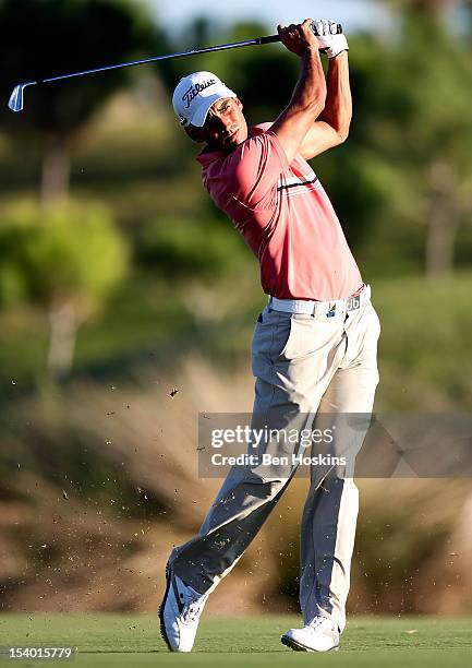 Rafa Cabrera-Bello of Spain hits his approach into the 18th hole during Day Two of the Portugal Masters at the Victoria golf course at Villamoura on...