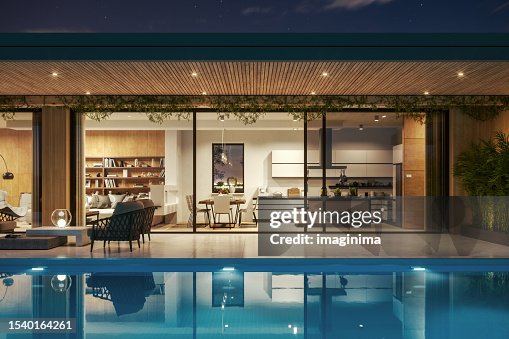 Luxury House With Swimming Pool At Night