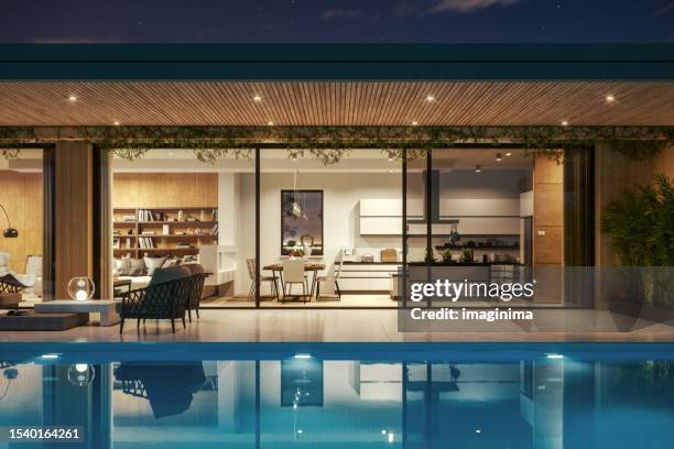 luxury house with swimming pool at night - inomhus bildbanksfoton och bilder