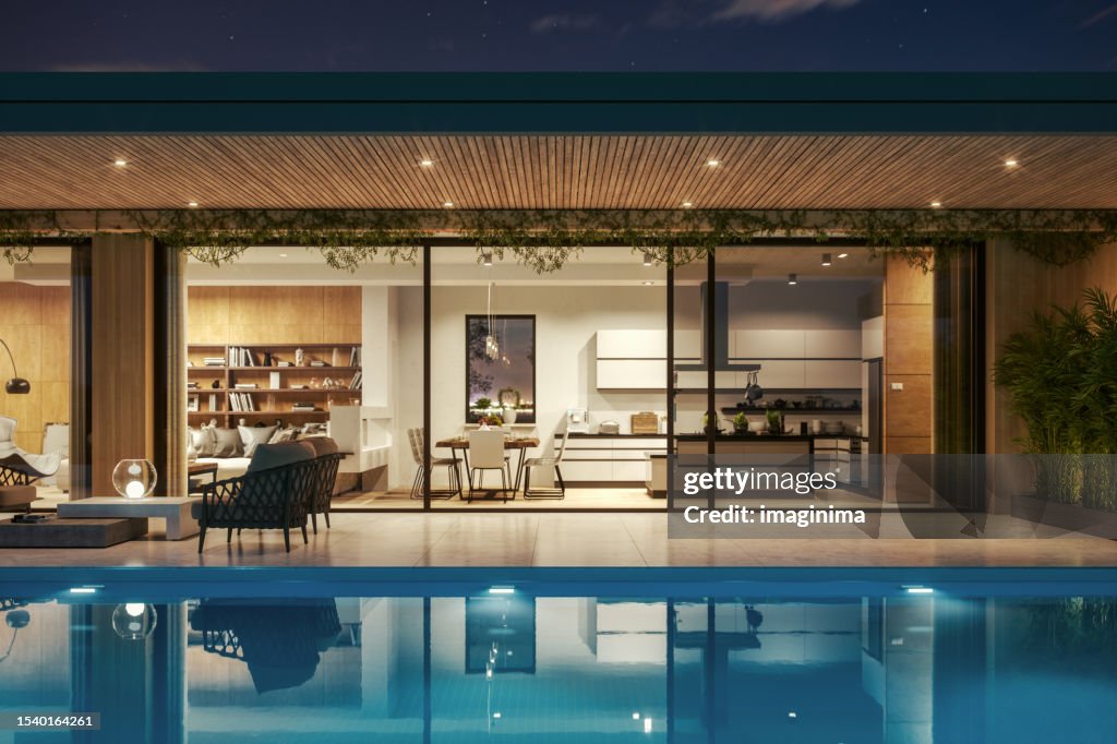 Luxury House With Swimming Pool At Night