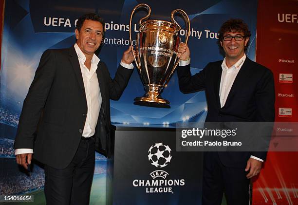 Antonio Careca and Ciro ferrara pose with the UEFA Champions League Trophy during the UEFA Champions League Trophy Tour 2012/13 on October 12, 2012...