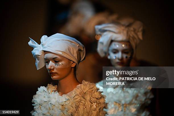 Models display Spring/Summer 2013 creations by Portuguese fashion designer Alexandra Moura during the 39th Edition of Moda Lisboa at Patio da Gale,...