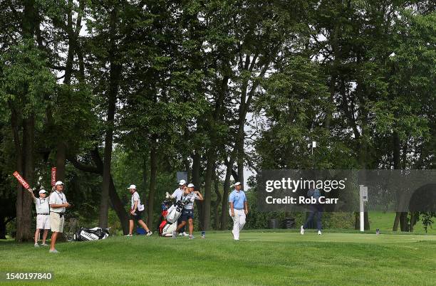 Vince Whaley of the United States plays his shot from the third tee during the first round of the Barbasol Championship at Keene Trace Golf Club on...