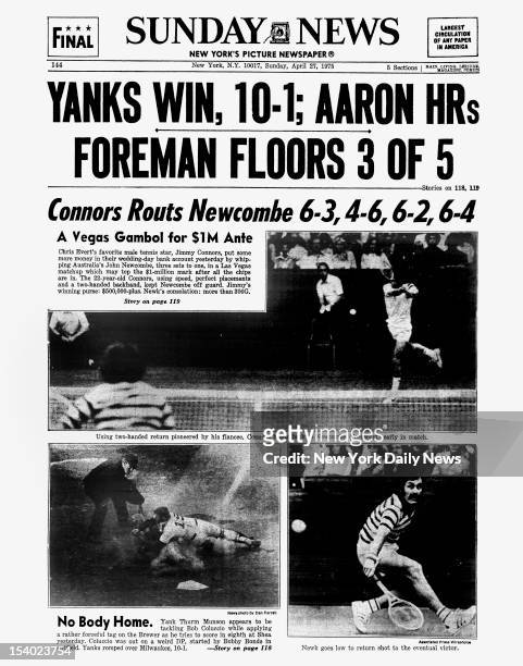 Daily News back page April 27, 1975Headline reads: YANKS WIN, 10-1; AARON HRs - FOREMAN FLOORS 3 OF 5 - Connors Routs Newcombe 6-3, 4-6, 6-2, 6-4A...