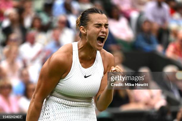 Aryna Sabalenka celebrates winning the first set against Ons Jabeur of Tunisia in the Women's Singles Semi Finals during day eleven of The...