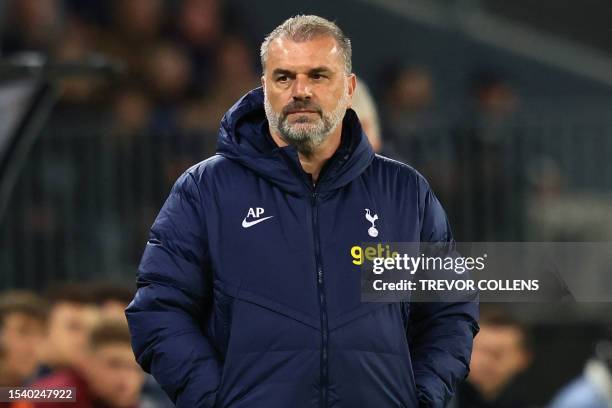 Manager Ange Postecoglou of Tottenham Hotspur watches from the sidelines during an exhibition football match against West Ham at Optus Stadium in...