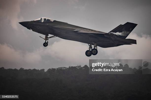 An F-35 Lightning fighter jet prepares to land during the bi-annual Marine Aviation Support Activity 23 at the airport of a former US naval base on...