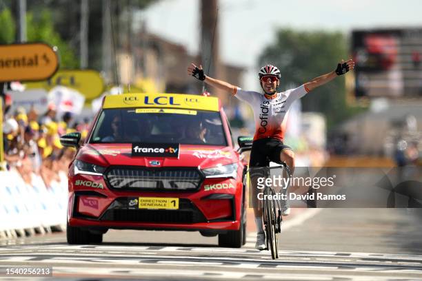 Ion Izagirre of Spain and Team Cofidis celebrates at finish line as stage winner during the stage twelve of the 110th Tour de France 2023 a 168.8km...
